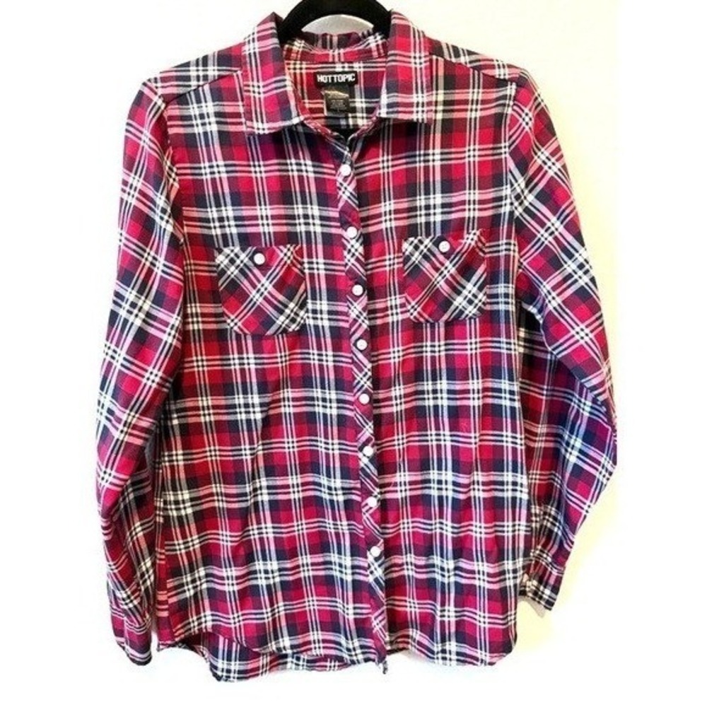 Hot Topic Plaid Button Down Shirt Red Navy White Large Grunge Punk